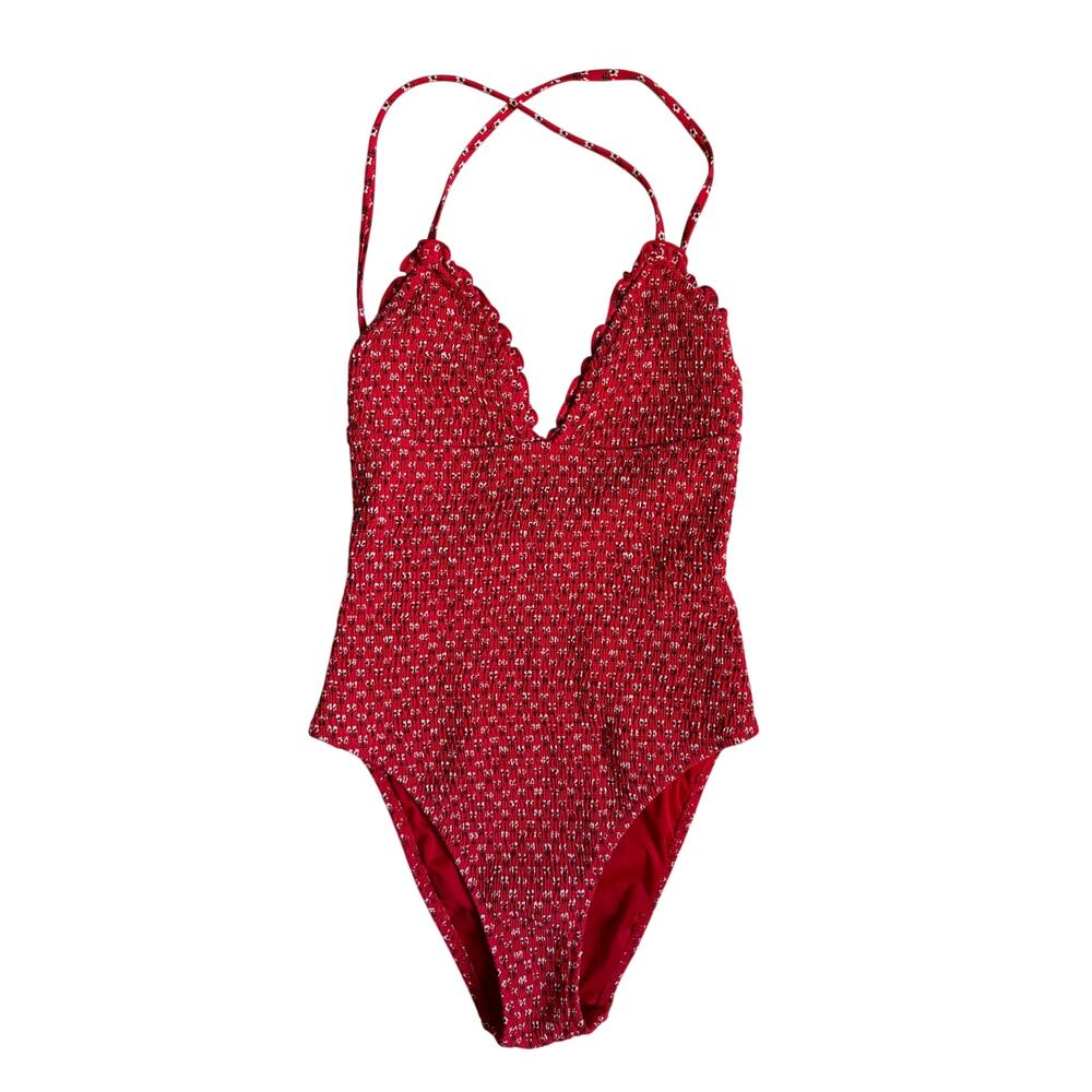 J.Crew Smocked Ruffle-Trim One-Piece Swimsuit (Red Ditsy Floral Print) - 6